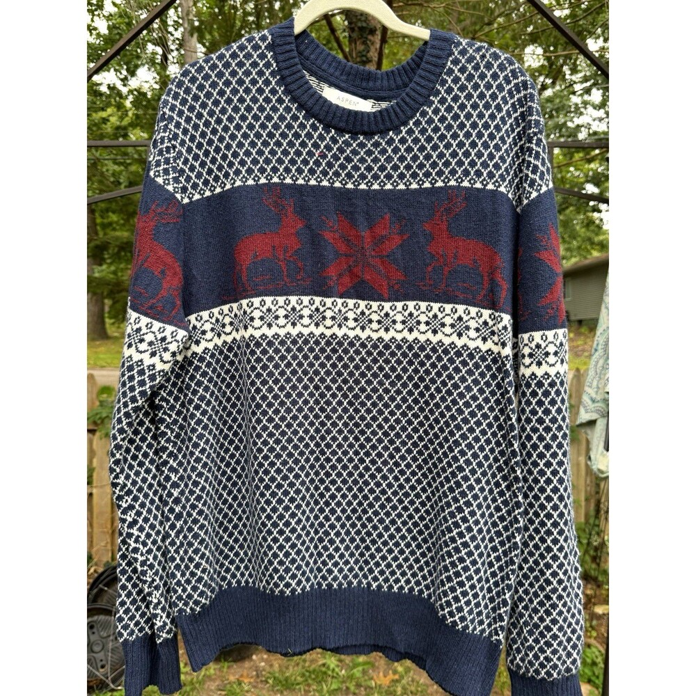 Aspen Men’s XL Fair Isle Deer Holiday Knit Crewneck Pullover Sweater Blue NWT